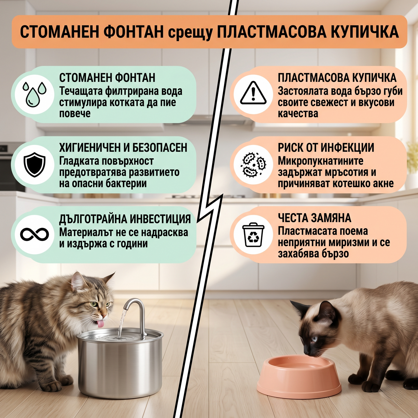 Премиум котешки фонтан от неръждаема стомана + подарък адаптер